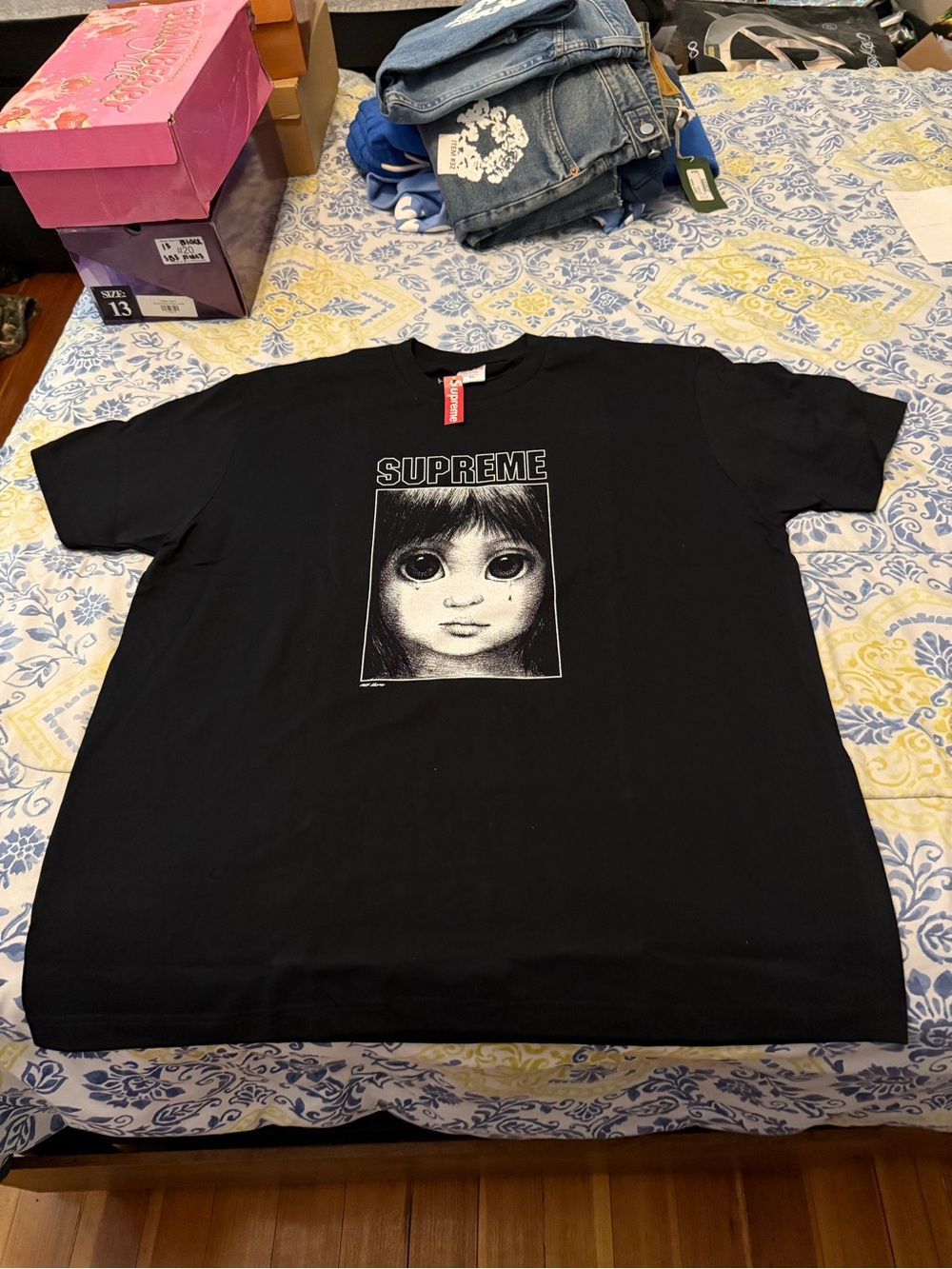 Supreme Black Mens Graphic Tee with Monochrome Doll Face